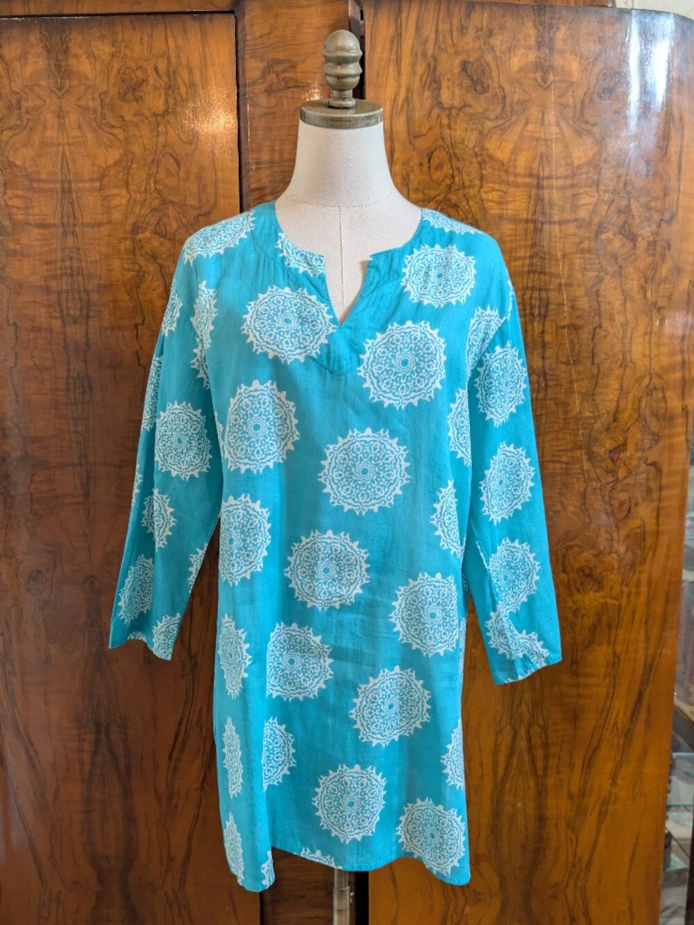 Kikisol Turquoise Cotton Tunic Top L Mandala Print Boho Beach Coverup Lightweigh